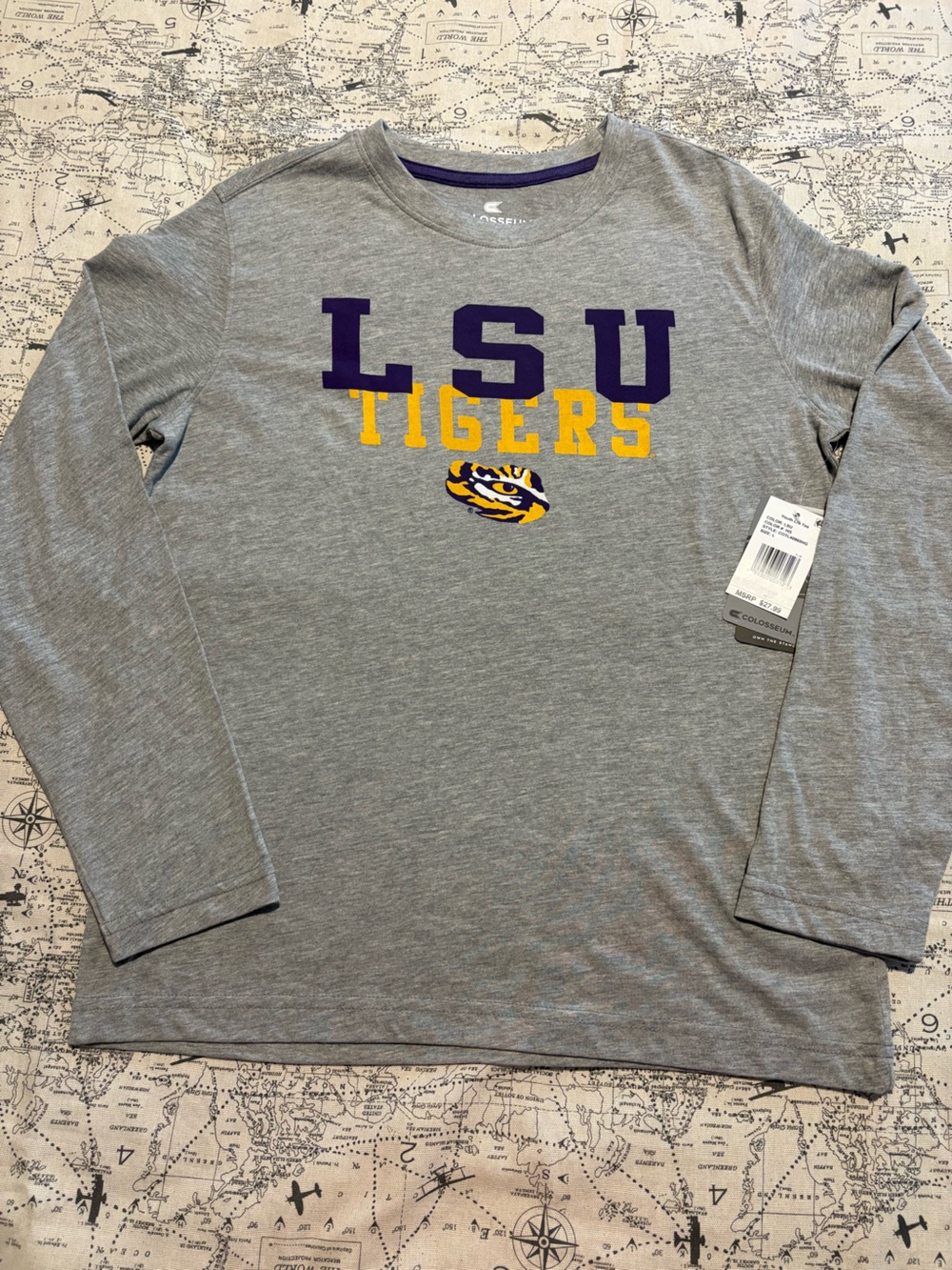 Colosseum Grey Long Sleeve LSU Tigers Tee with Purple and Yellow Logo